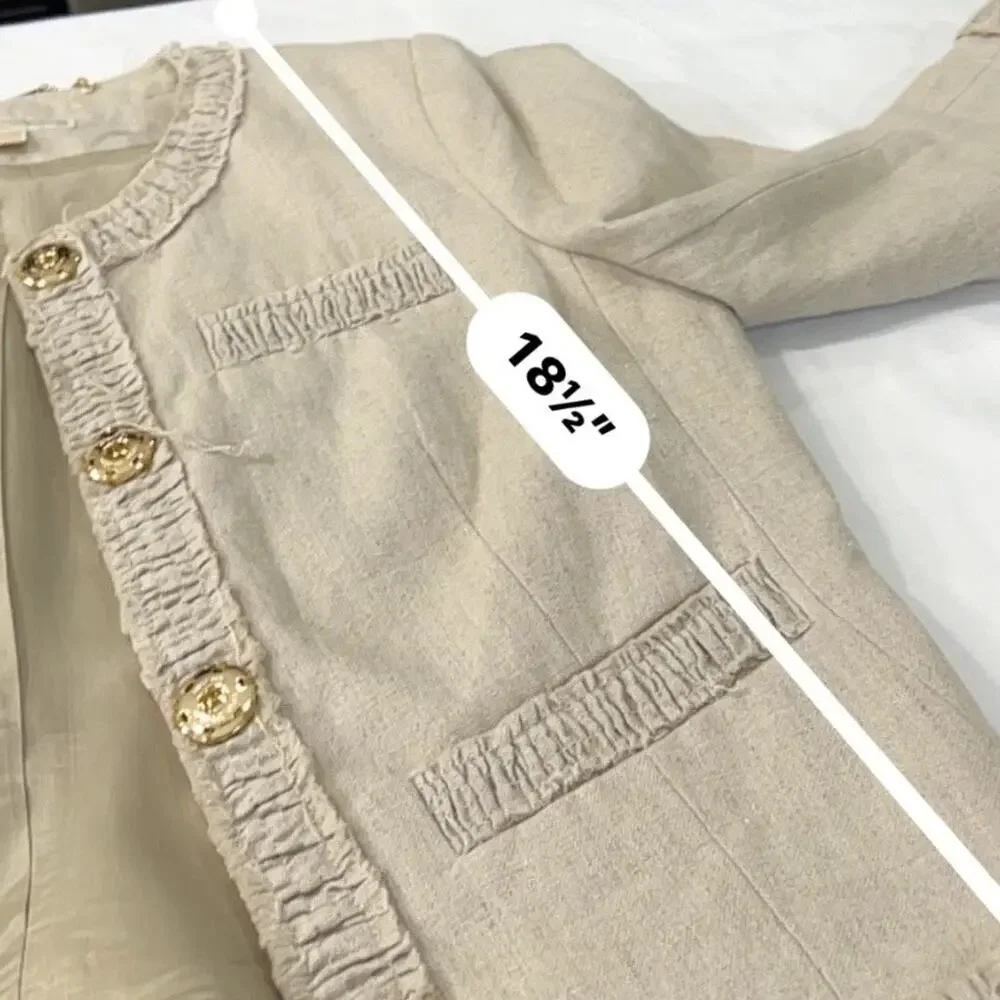 Michael Kors Linen Peplum Cropped Blazer Jacket Beige Gold Buttons Women's sz 6P